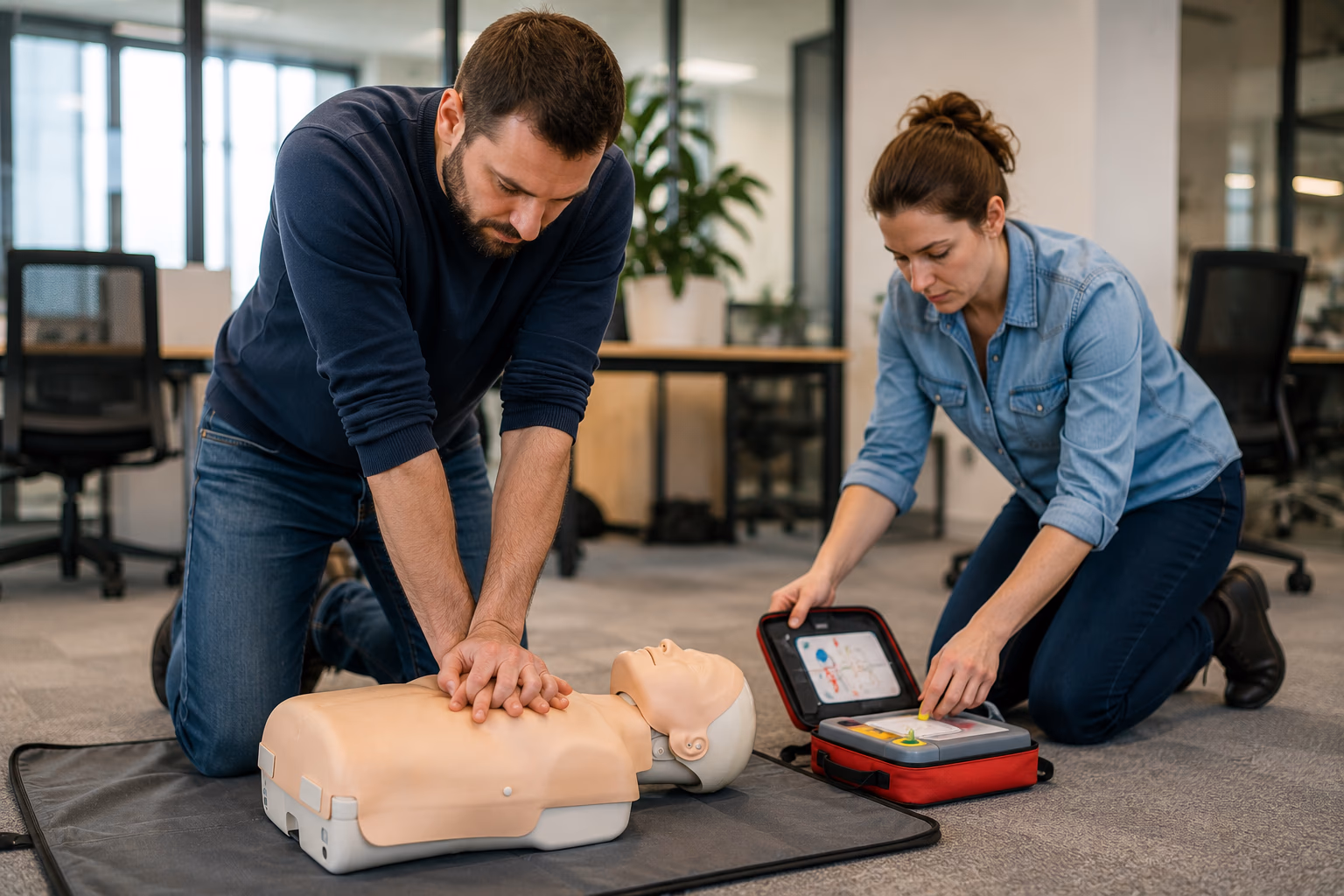 Massage cardiaque et préparation d'un défibrillateur DAE par deux salariés en entreprise