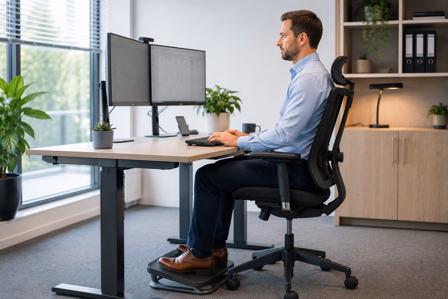 Salarié à son poste de travail bureau ergonomique avec écran à hauteur et siège réglé