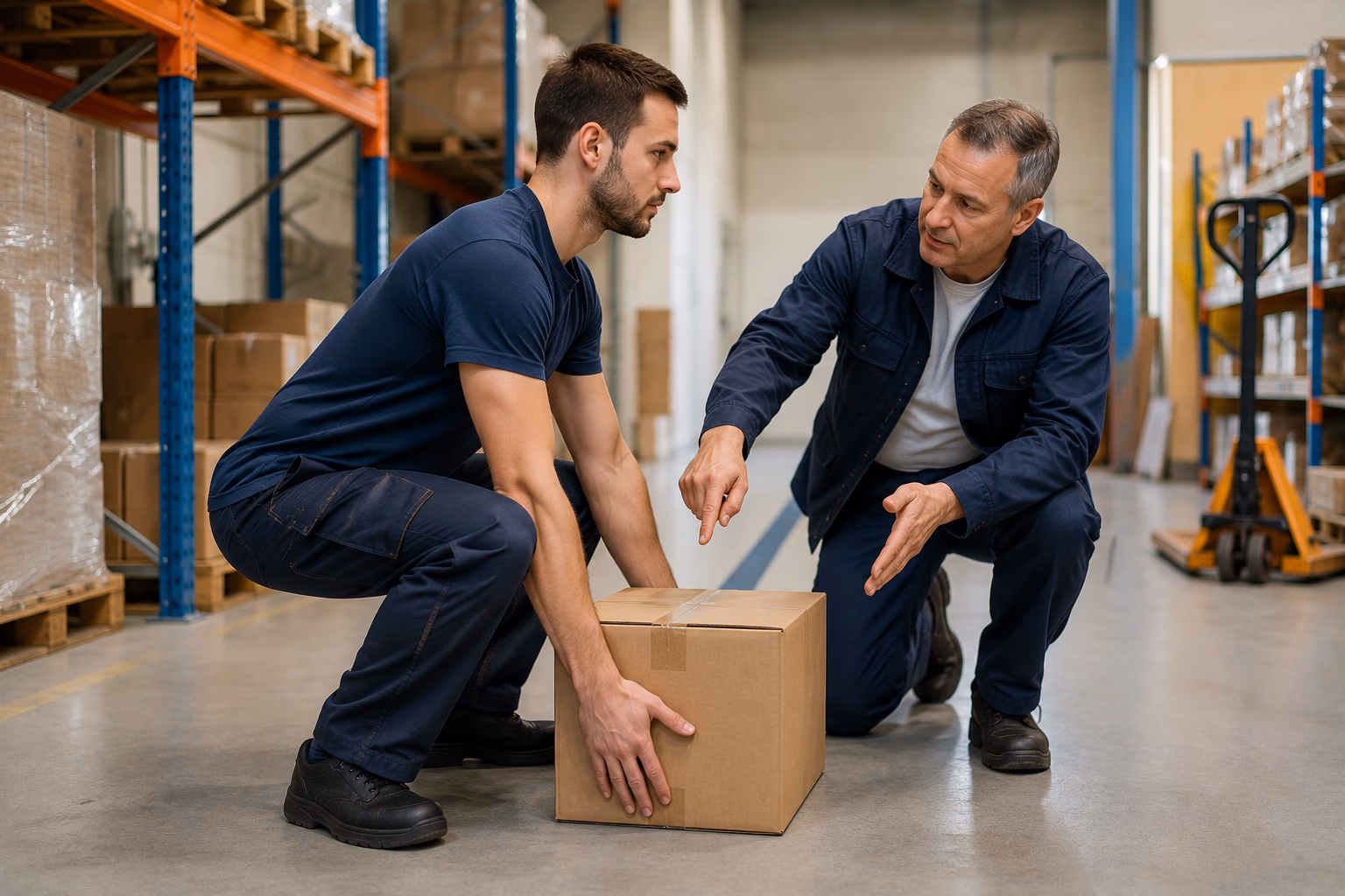 Stagiaire soulevant une caisse avec la bonne posture sous le contrôle d'un formateur