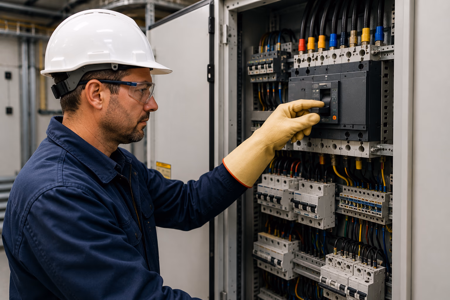 Salarié manipulant un disjoncteur dans une armoire électrique avec des gants isolants