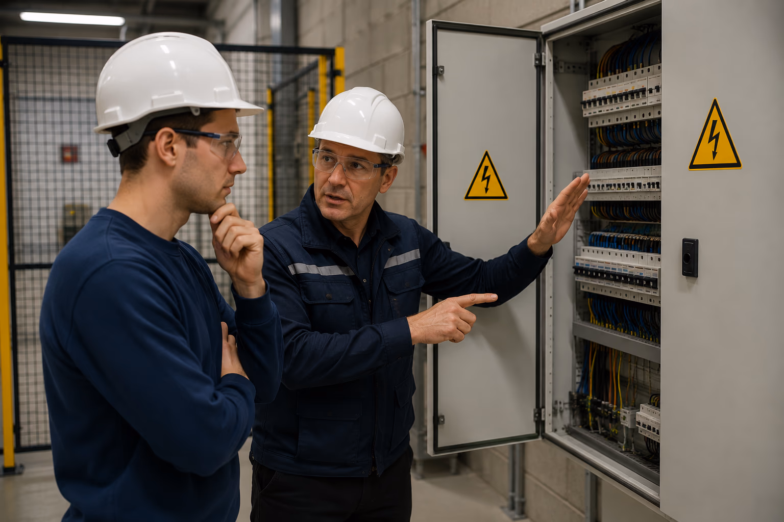 Stagiaire en formation H0B0 observant un coffret électrique sous la conduite d'un instructeur