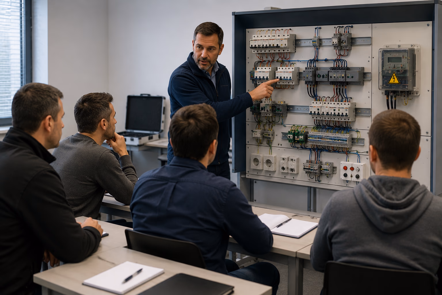 Groupe de stagiaires en recyclage habilitation électrique autour d'un tableau pédagogique