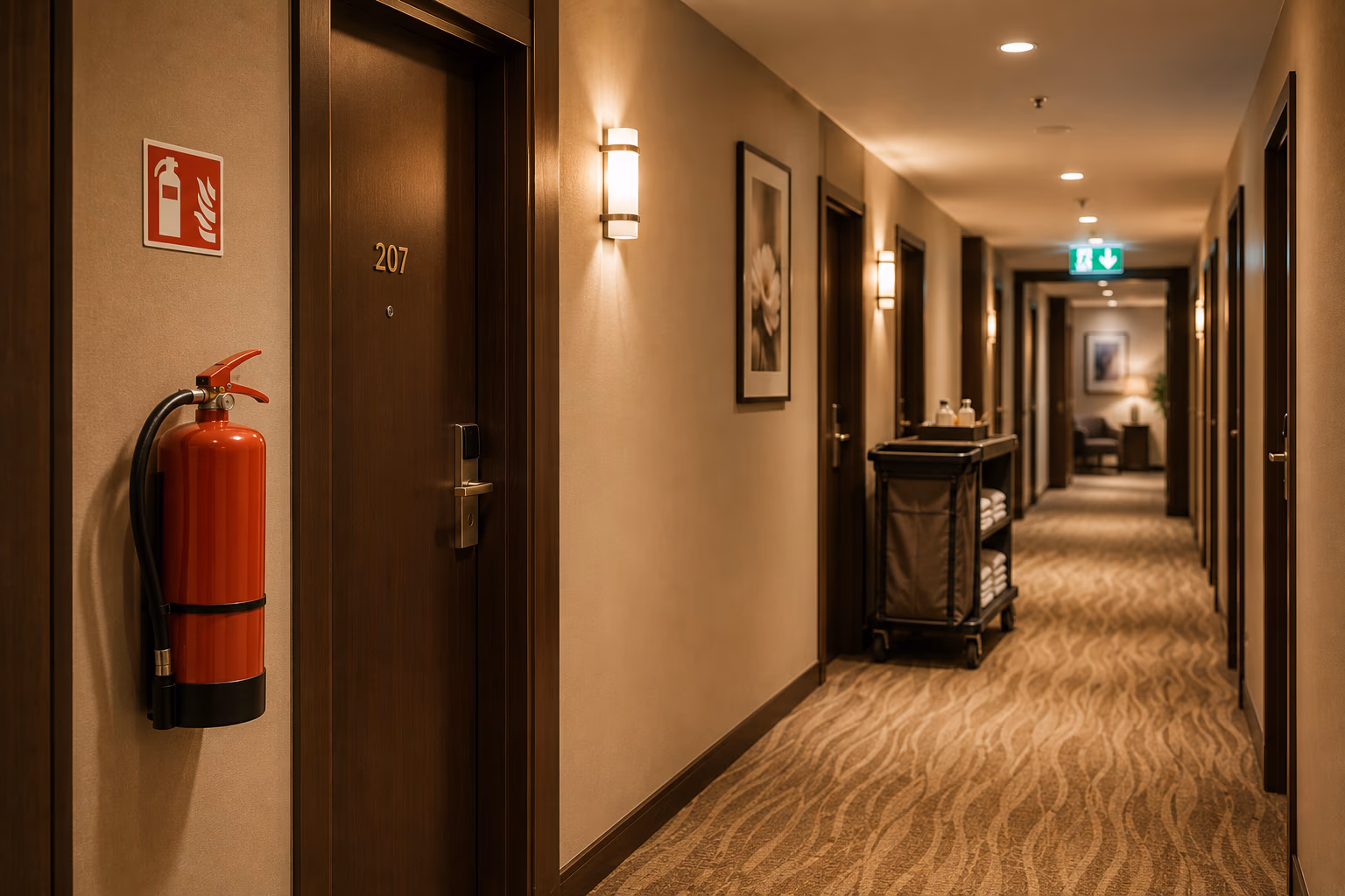 Couloir d'hôtel avec extincteur mural et signalisation de sécurité incendie
