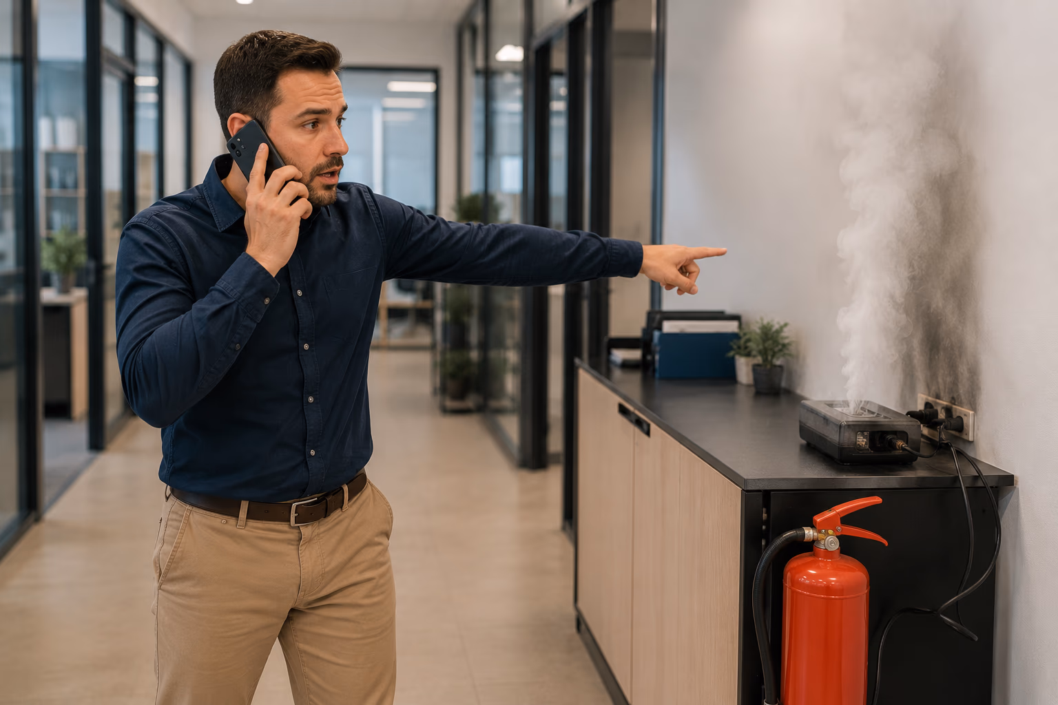 Salarié appelant les secours en pointant un départ d'incendie en entreprise