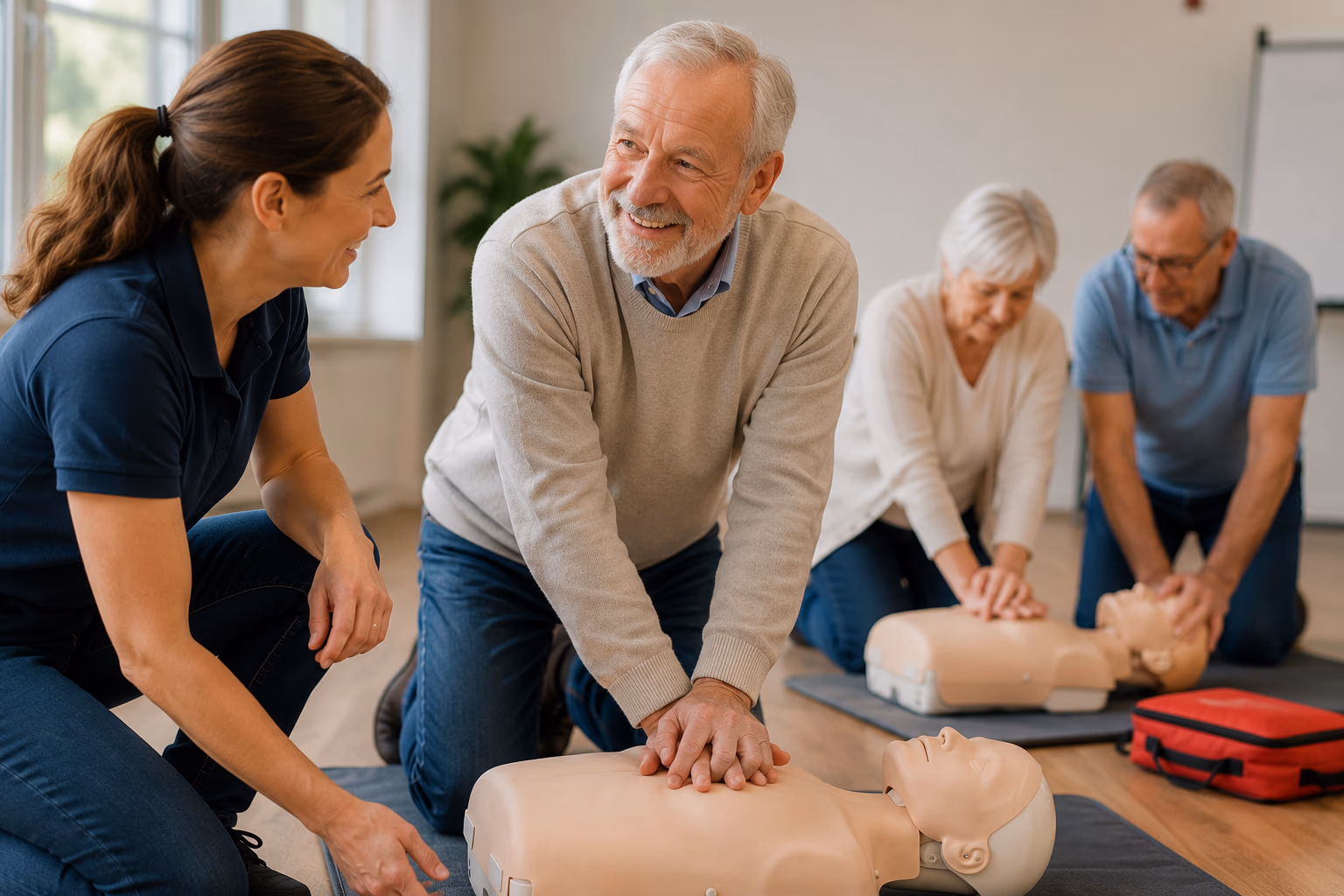 Salarié senior souriant apprenant les gestes de premiers secours sur mannequin
