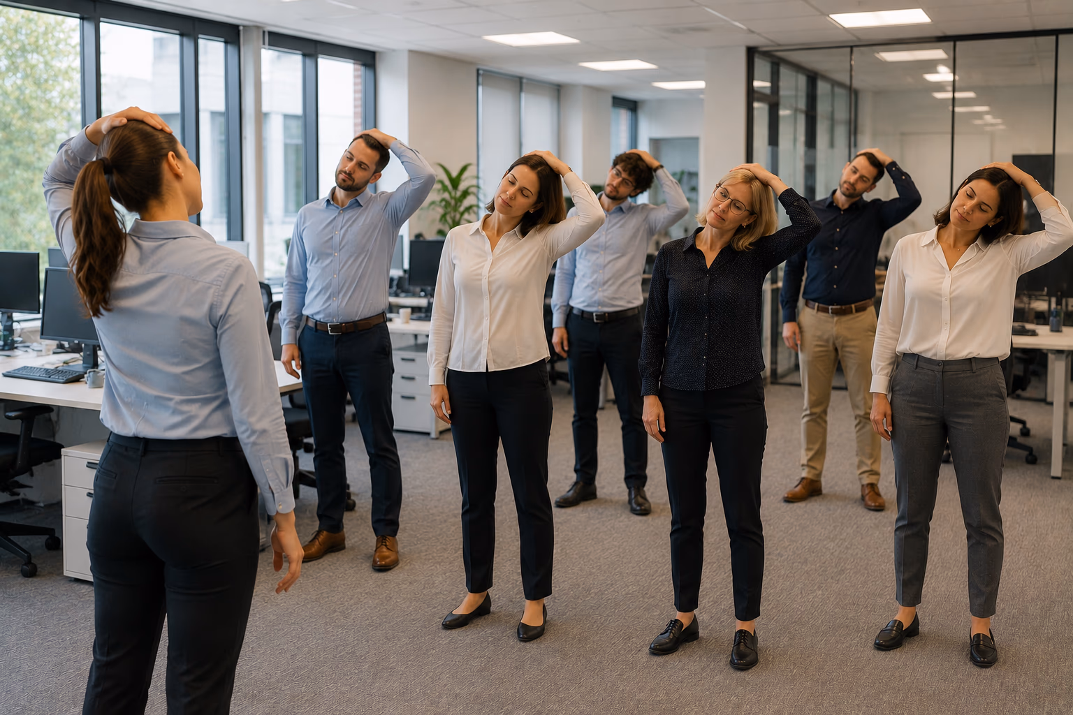 Équipe de salariés en tenue de travail faisant un réveil musculaire collectif au bureau