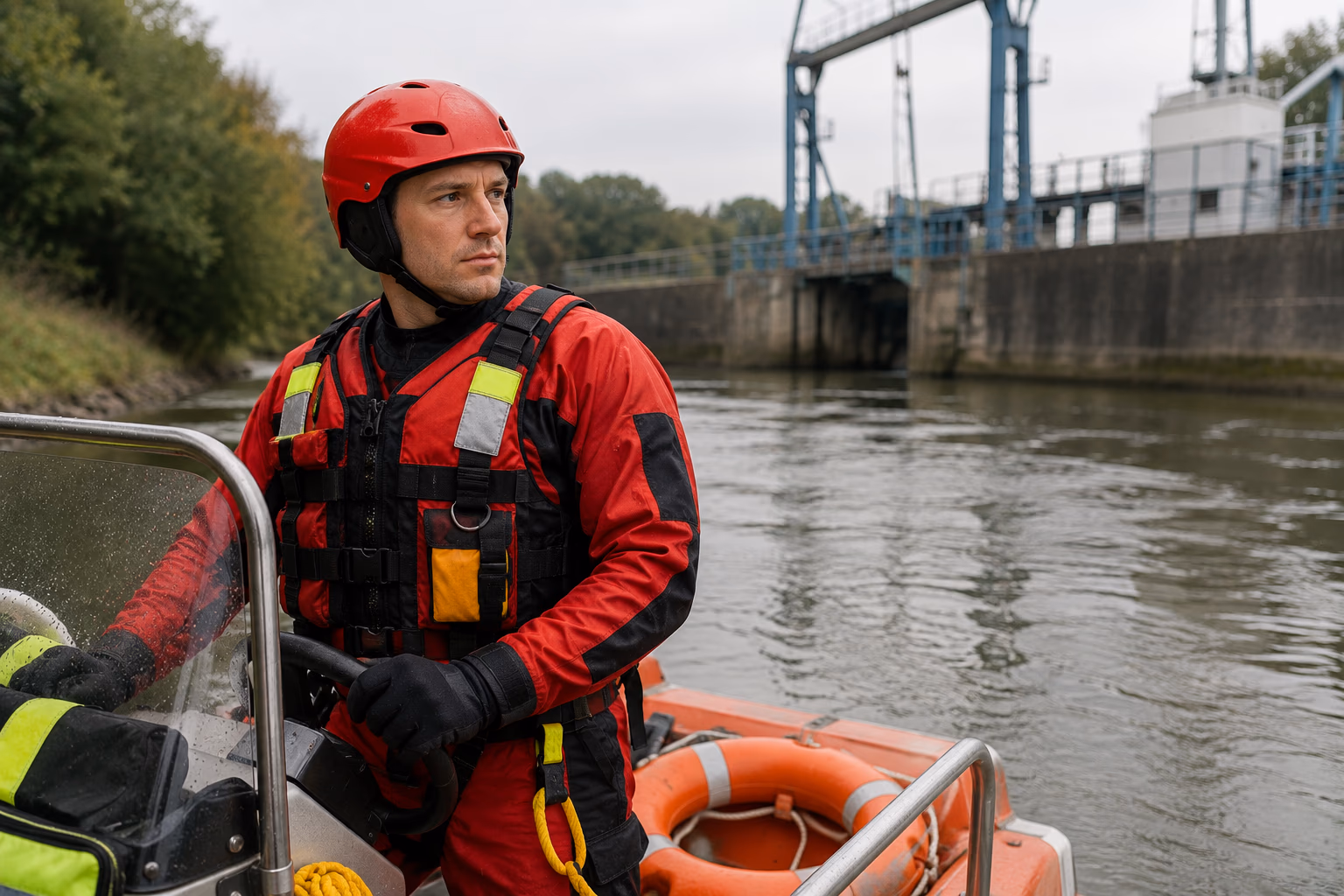 Sauveteur aquatique professionnel équipé d'une combinaison et d'un gilet de sauvetage