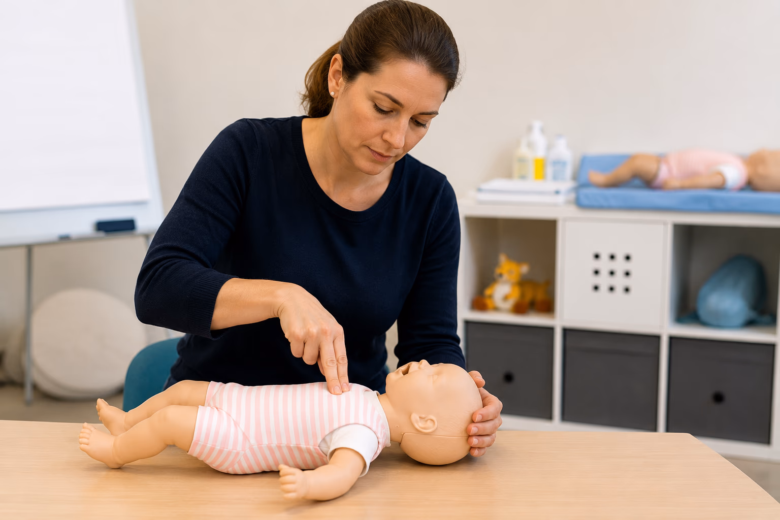 Adulte en formation aux premiers secours pédiatriques sur mannequin nourrisson