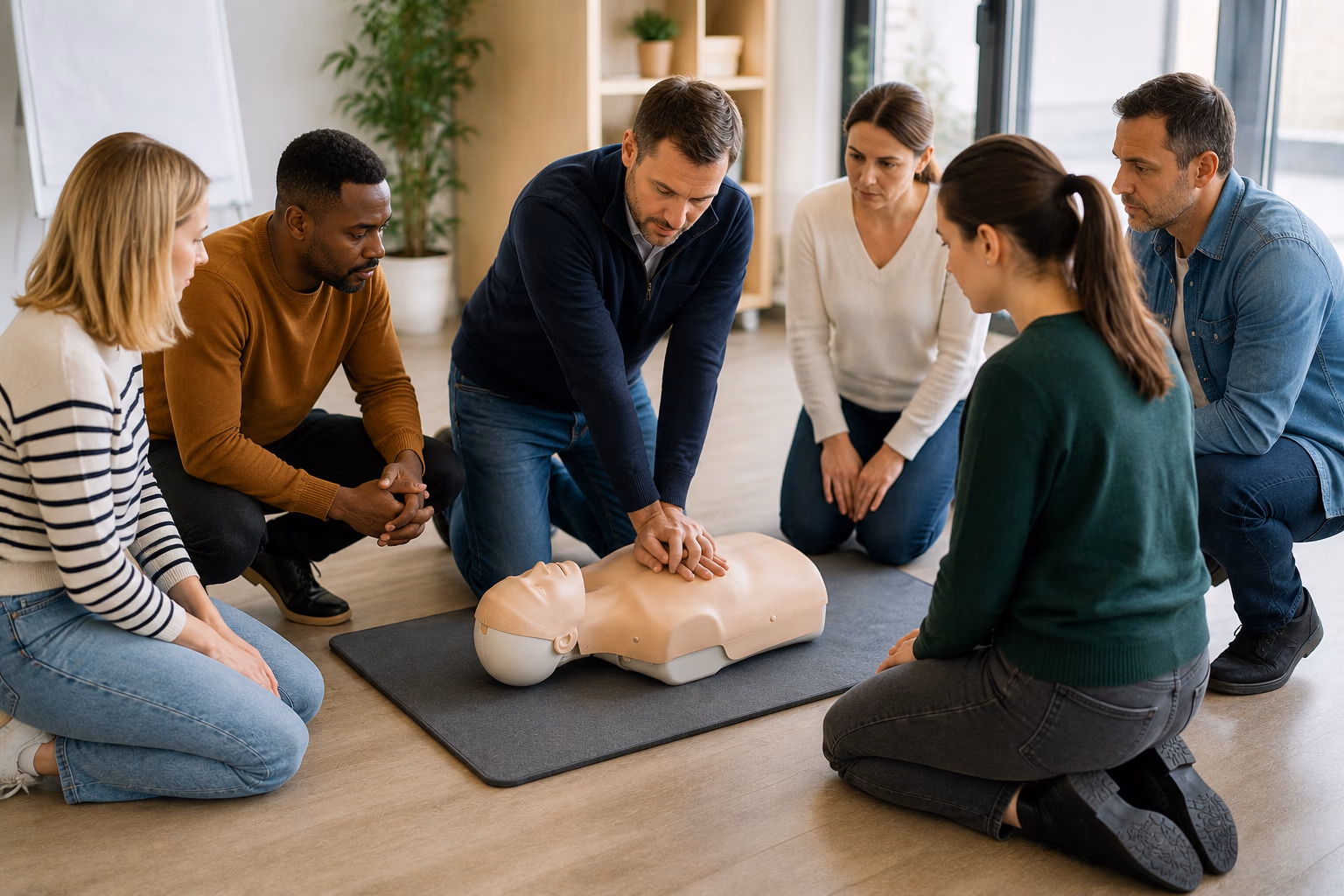 Petit groupe de salariés en sensibilisation aux premiers secours autour d'un mannequin
