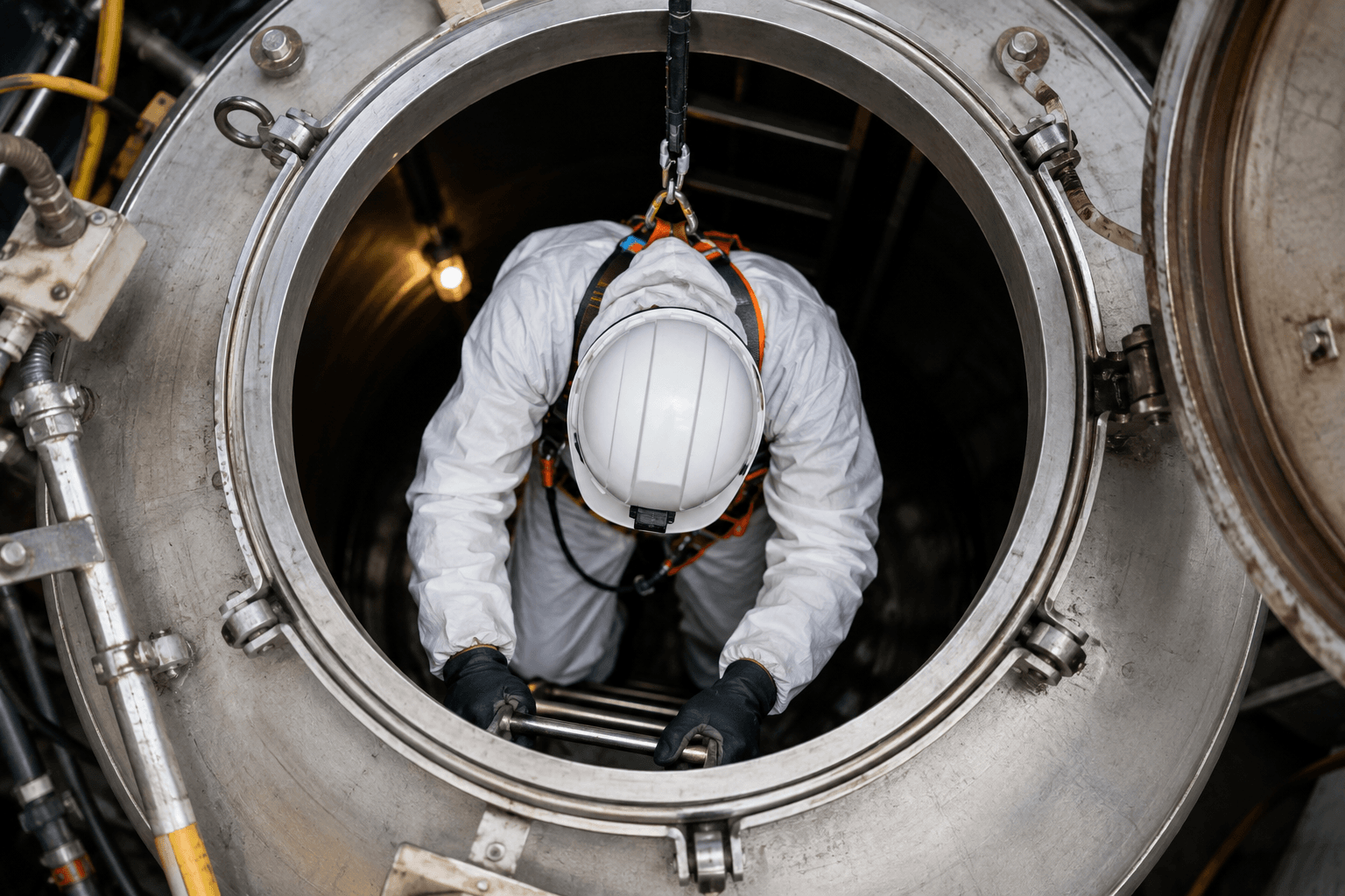 Ouvrier équipé descendant dans un espace confiné lors d'une intervention en milieu industriel