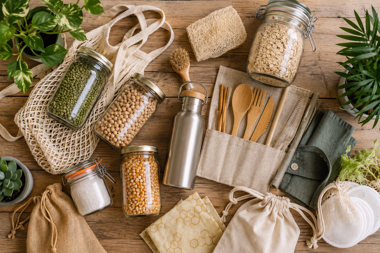 Composition d'objets zéro déchet : bocaux en verre, sacs réutilisables et ustensiles bambou