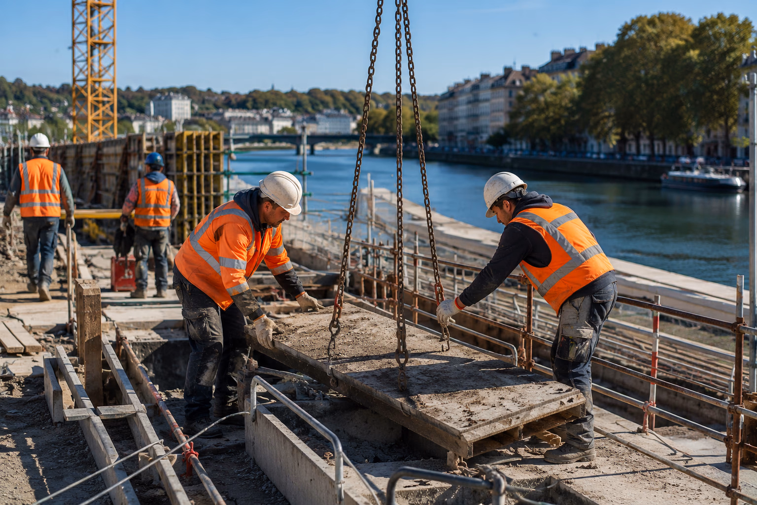 Chantier du BTP en bord de cours d'eau avec des ouvriers exposés à la manutention et au risque de chute à l'eau