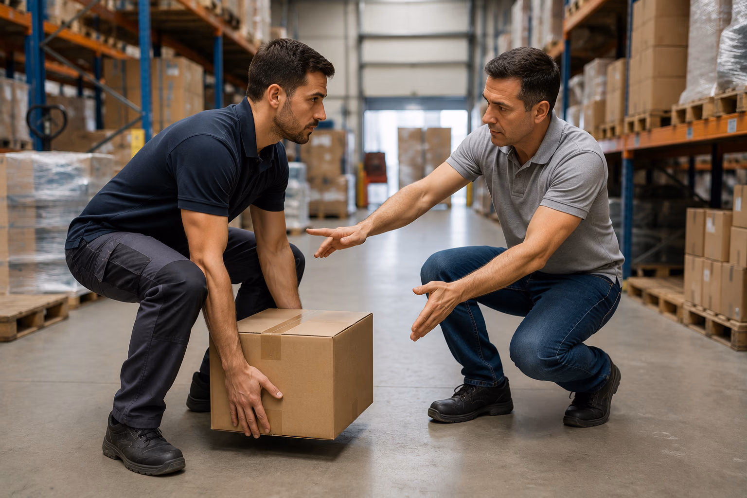 Formateur corrigeant la posture d'un stagiaire lors d'une formation gestes et postures en entreprise
