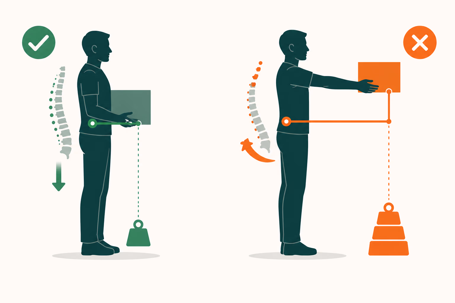 Comparaison illustrée d'une charge portée près du corps et d'une charge portée éloignée, montrant l'effet de bras de levier sur le dos