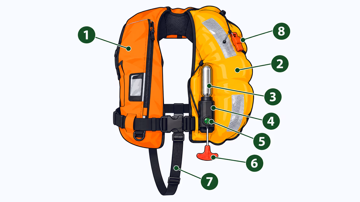 Schéma légendé d'un gilet de sauvetage gonflable : housse, vessie, cartouche de CO₂, percuteur, fenêtre de contrôle, tirette, sangle sous-cutale, sifflet