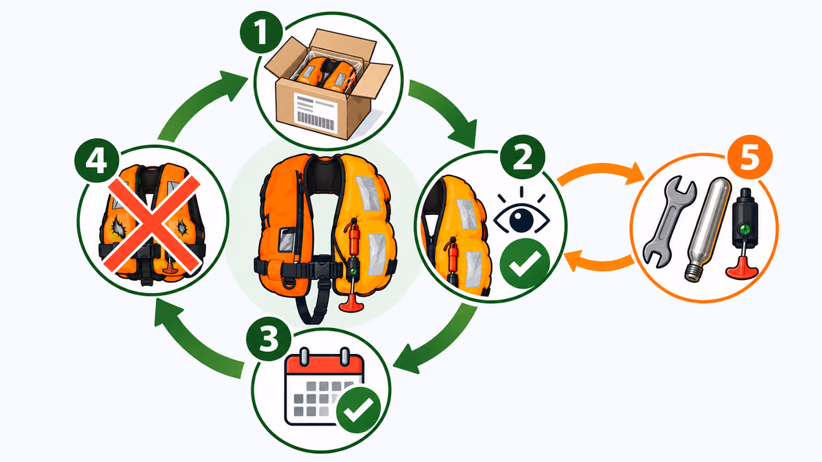 Cycle de vie d'un gilet de sauvetage gonflable : réception, contrôle avant usage, vérification annuelle, réforme, et réarmement après déclenchement