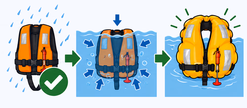 Déclencheur hydrostatique : le gilet reste inactif sous la pluie et ne se gonfle qu'une fois immergé, sous la pression de l'eau