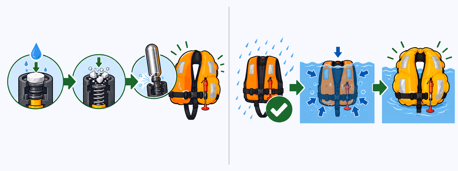 Comparaison du déclencheur à pastille soluble, qui se dissout au contact de l'eau, et du déclencheur hydrostatique, qui ne s'active qu'en immersion