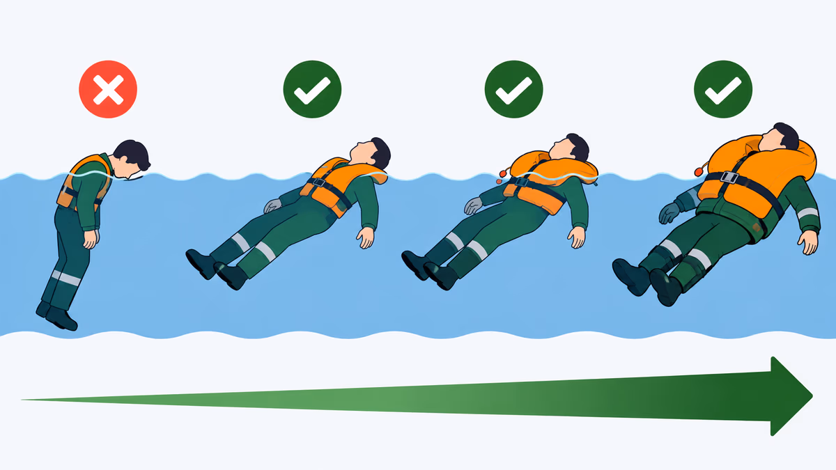 Niveaux de flottabilité des gilets de sauvetage : 50 N à proscrire au travail, 100, 150 et 275 N qui retournent une personne sur le dos