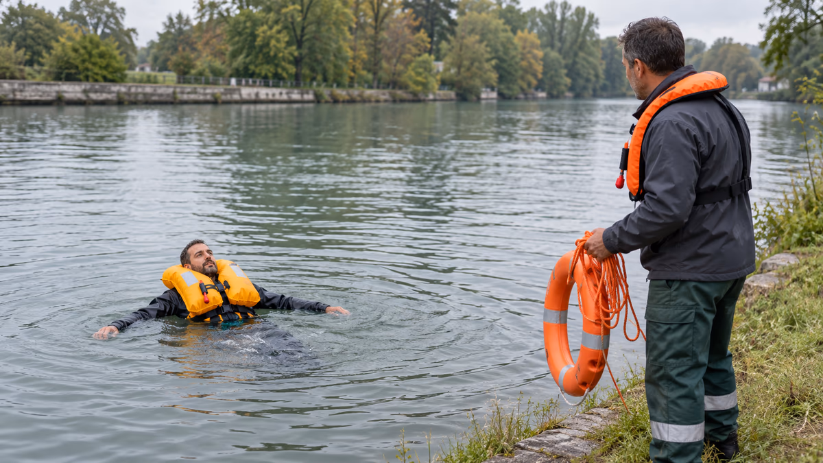 Personne flottant sur le dos en rivière avec un gilet de sauvetage gonflable déclenché, surveillée depuis la berge par un formateur équipé d'une bouée