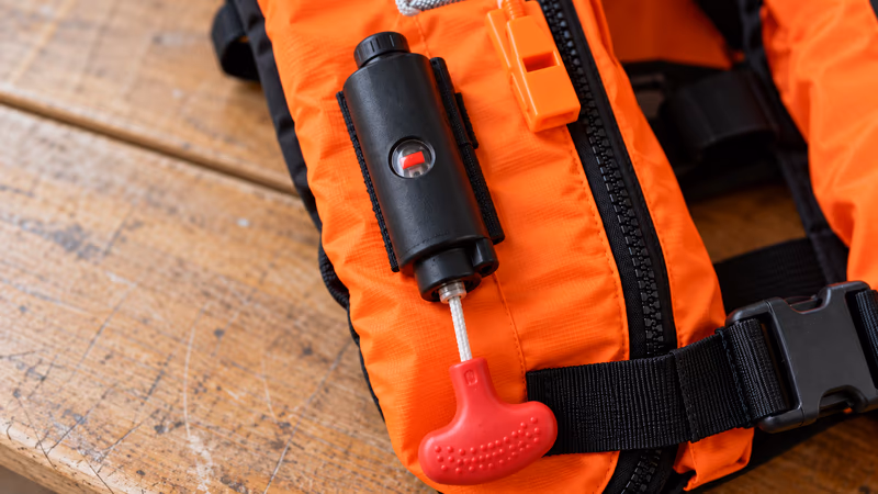 Fenêtre de contrôle rouge d'un gilet autogonflant déclenché, à réarmer