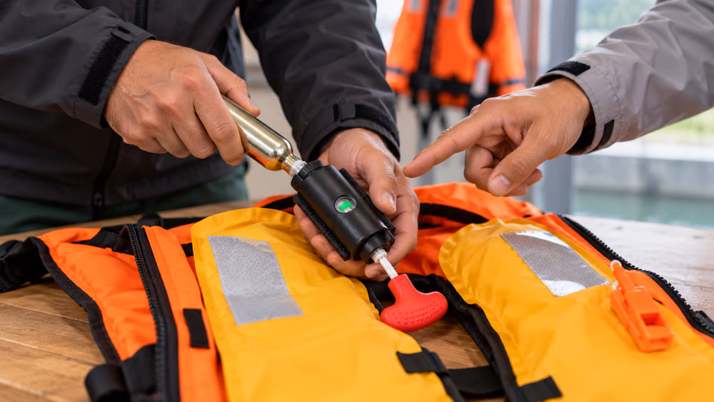 Mains vissant une cartouche de CO₂ lors du réarmement d'un gilet de sauvetage gonflable, guidées par un formateur