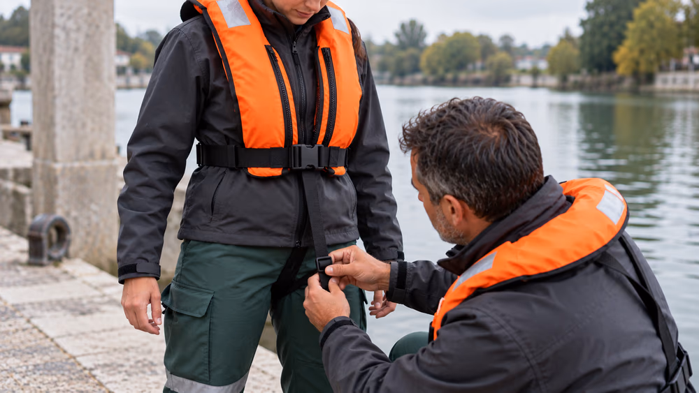 Formateur ajustant la sangle sous-cutale du gilet de sauvetage gonflable d'une salariée au bord d'un quai