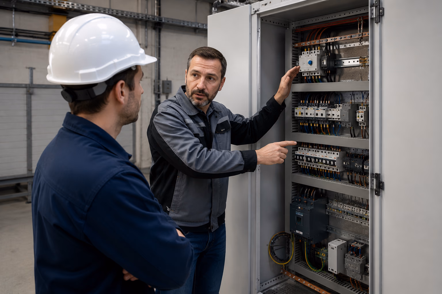 Salarié non-électricien en formation à l'habilitation électrique devant une armoire électrique