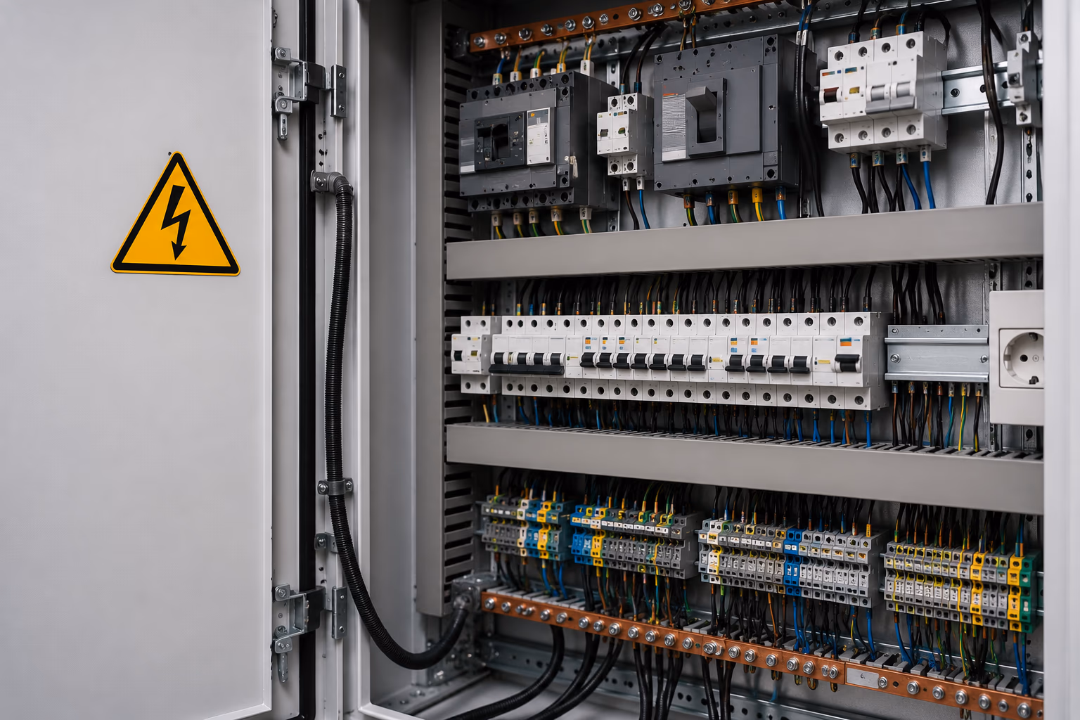 Armoire électrique avec signalisation de danger dans un local technique d'entreprise