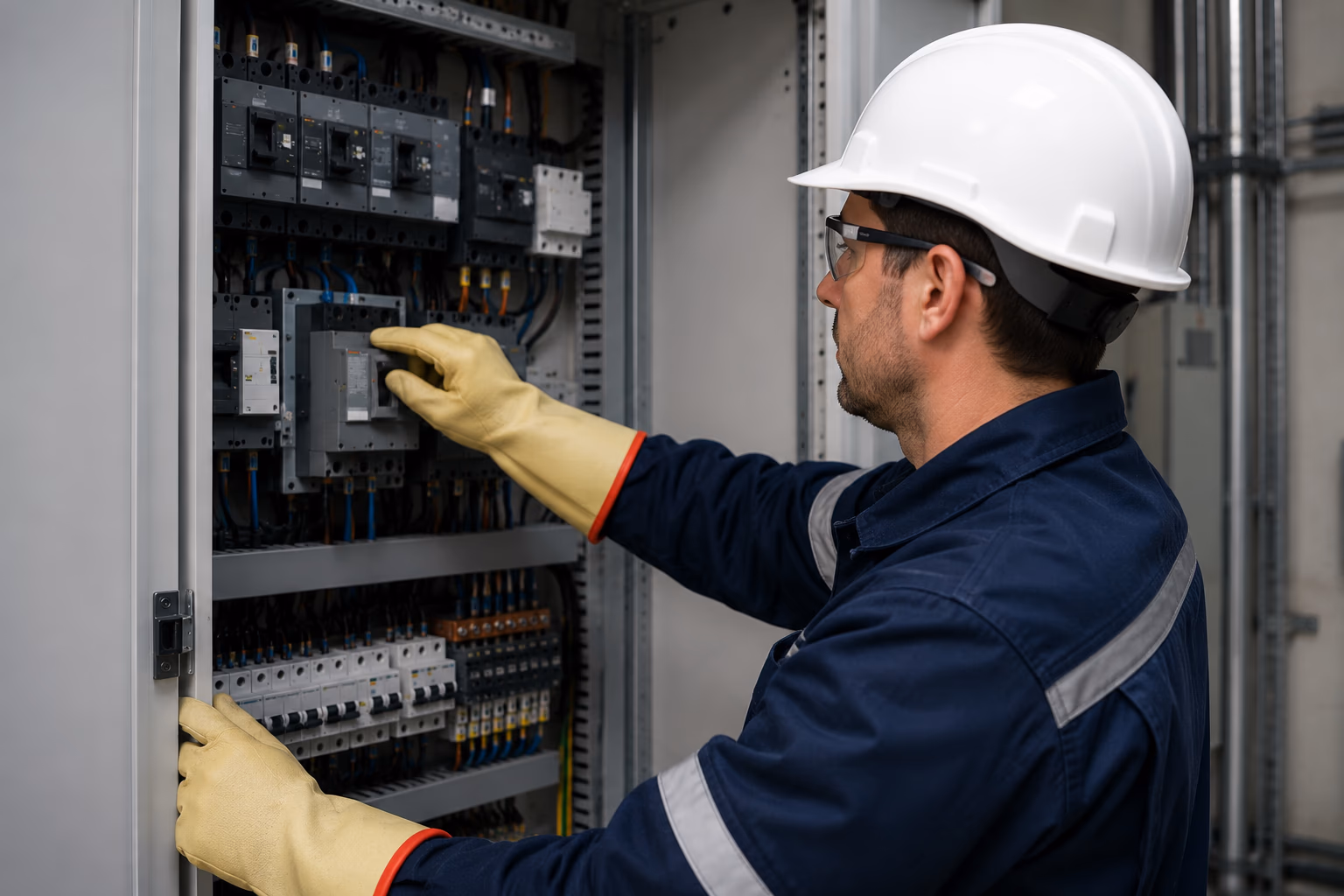 Salarié manipulant un disjoncteur dans une armoire électrique avec des gants de protection