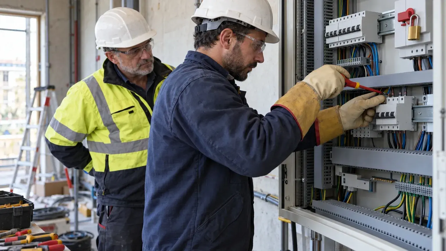 Électricien vérifiant une armoire électrique consignée, sous le contrôle d'un chargé de travaux