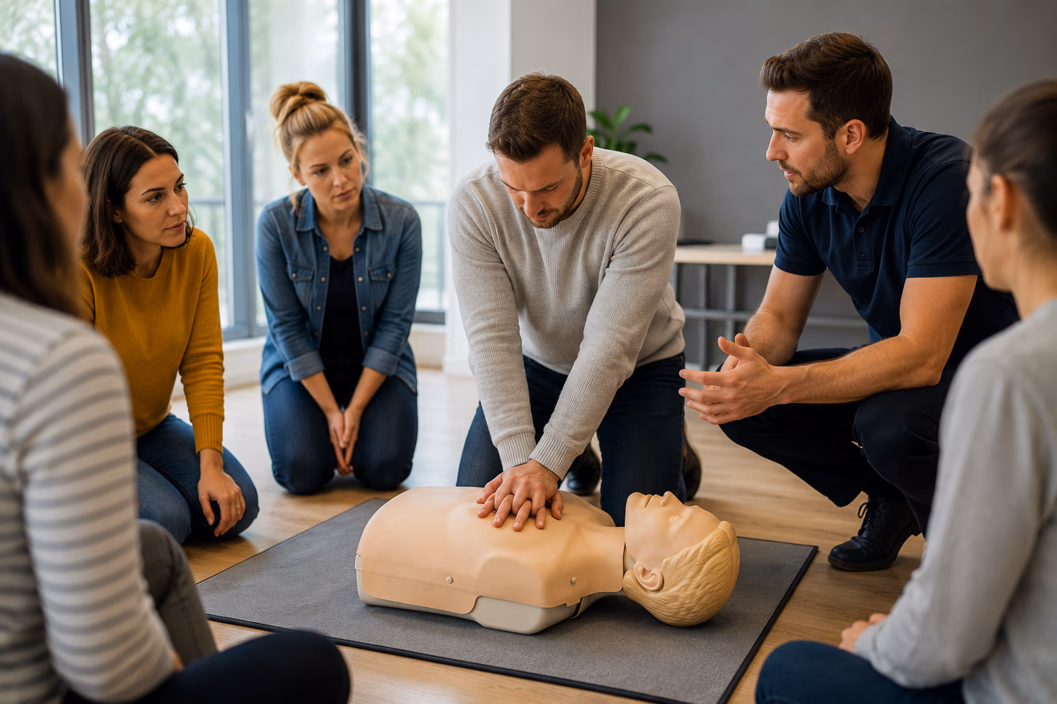 Salariés en formation SST pratiquant un massage cardiaque sur mannequin avec un formateur