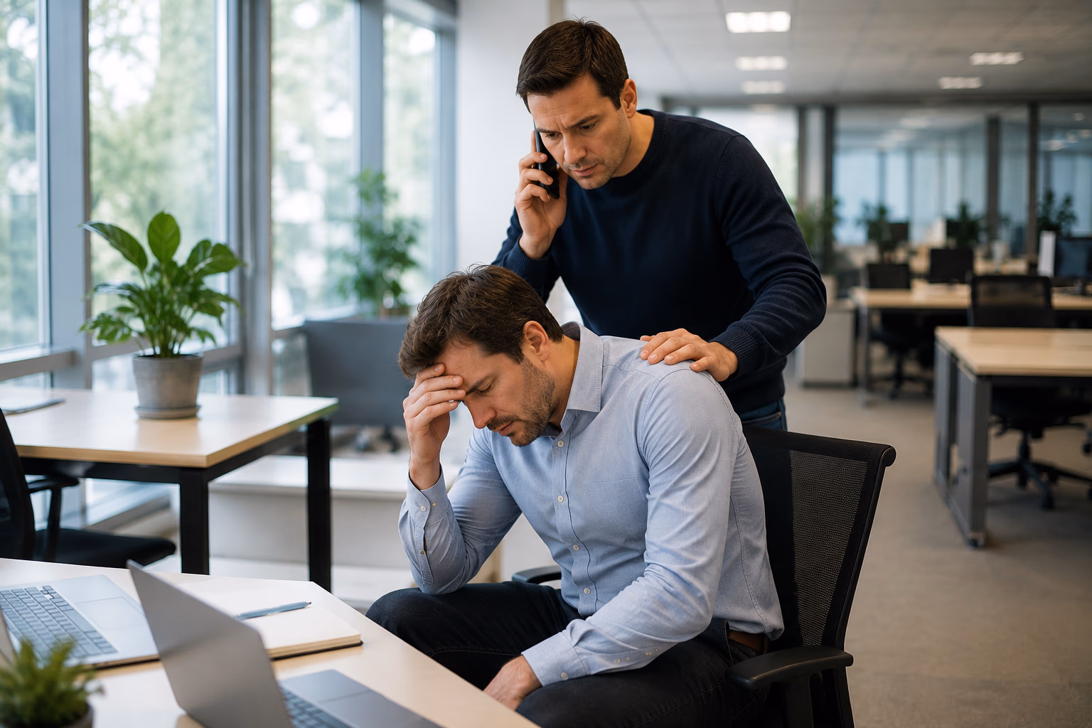 Collègue formé SST portant assistance à une personne lors d'un malaise au bureau