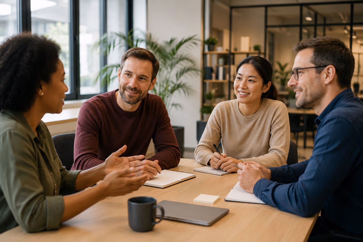 Échange ouvert et bienveillant entre collaborateurs lors d'un temps de dialogue sur les conditions de travail
