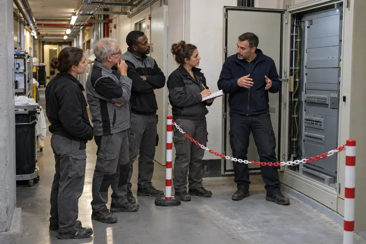 Salarié non-électricien en formation habilitation B0, BS et BE Manœuvre, équipé de gants isolants, devant une armoire électrique