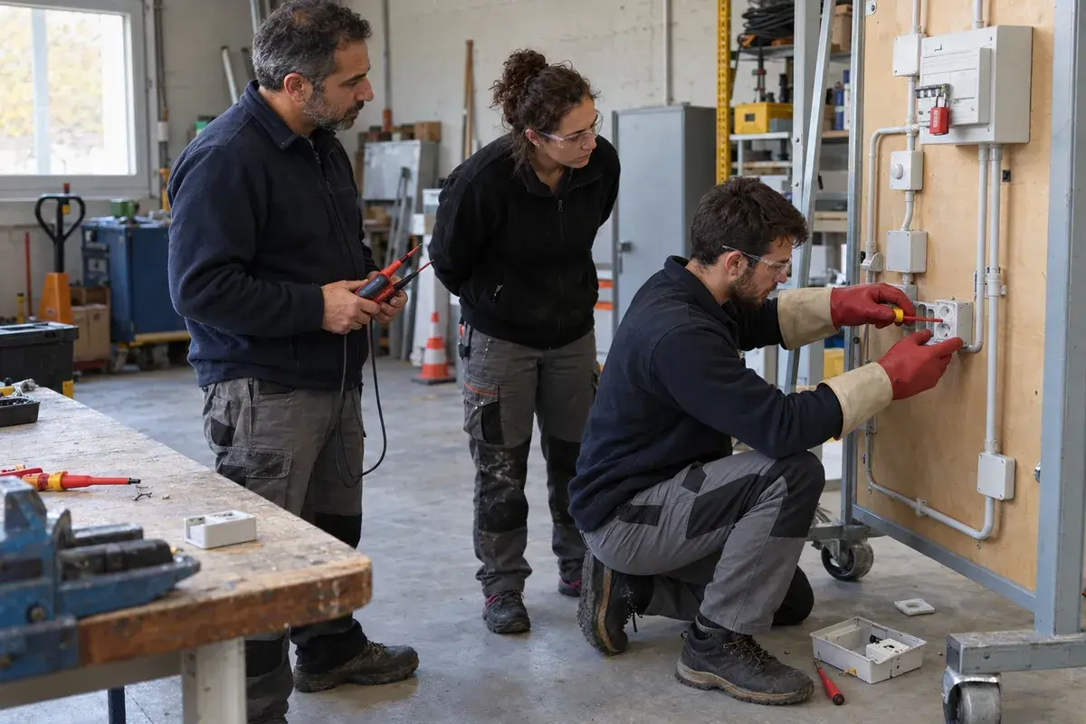 Salarié non-électricien en formation habilitation B0, BS et BE Manœuvre, équipé de gants isolants, devant une armoire électrique
