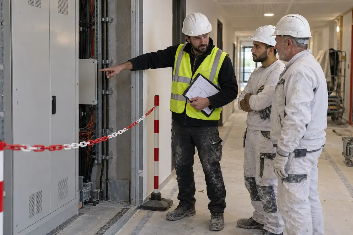 Salarié non-électricien en formation habilitation B0 / H0 / H0V chargé de chantier, équipé de gants isolants, devant une armoire électrique