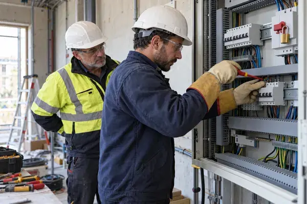 Électricien en formation habilitation B1, B1V, B2, B2V intervenant sur une armoire basse tension