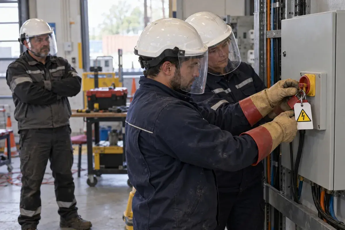 Électricien en formation habilitation B1, B1V, B2, B2V intervenant sur une armoire basse tension