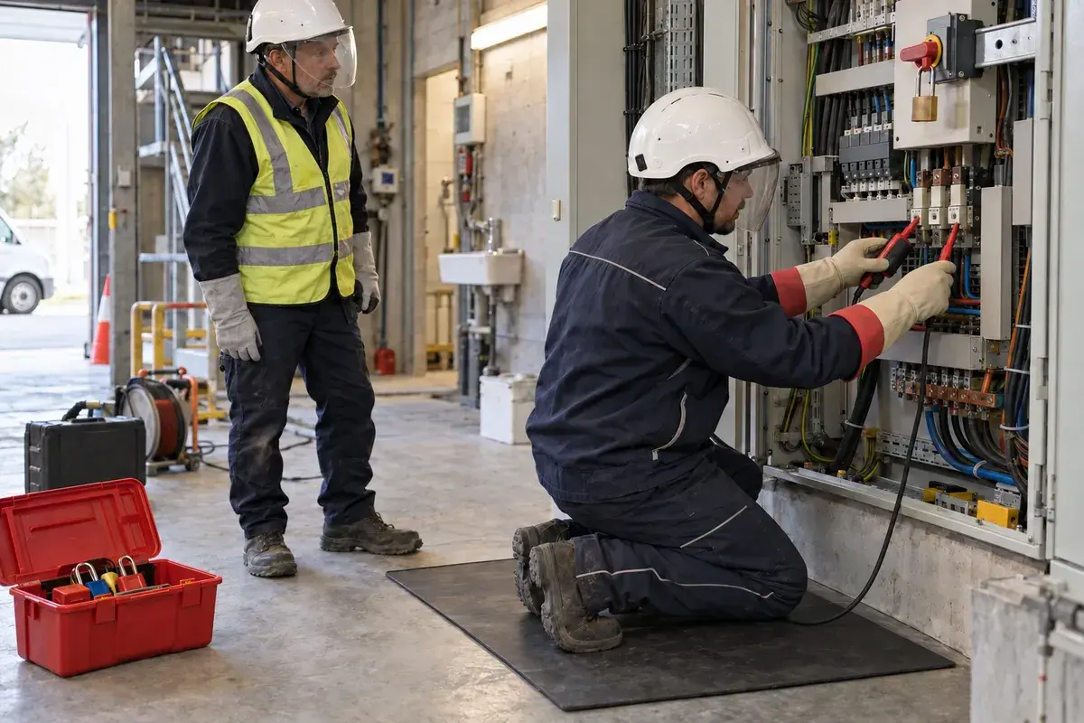 Électricien en formation habilitation BC intervenant sur une armoire basse tension
