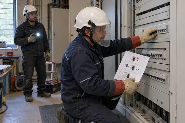 Salarié non-électricien en formation habilitation BE Manœuvre, équipé de gants isolants, devant une armoire électrique