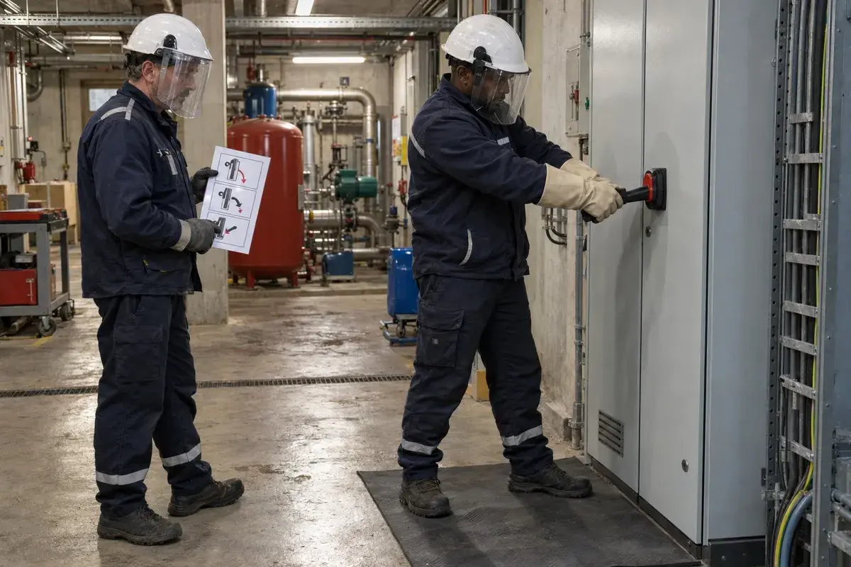 Salarié non-électricien en formation habilitation BE Manœuvre, équipé de gants isolants, devant une armoire électrique