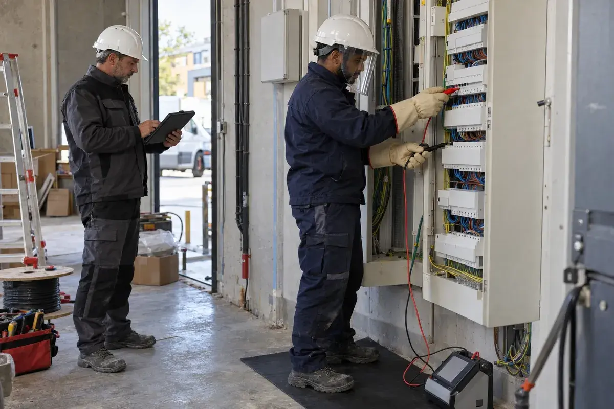 Électricien en formation habilitation BE Mesurage / BE Vérification intervenant sur une armoire basse tension