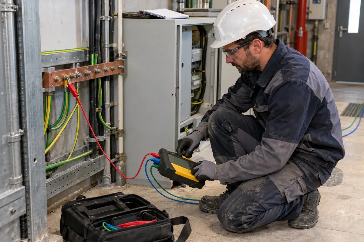 Électricien en formation habilitation BE Mesurage / BE Vérification intervenant sur une armoire basse tension