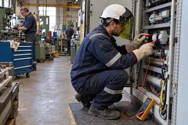 Électricien en formation habilitation BR intervenant sur une armoire basse tension