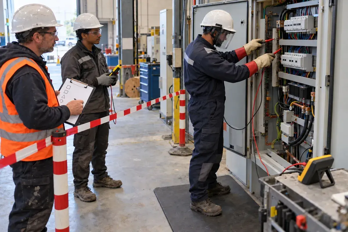 Électricien en formation habilitation BR intervenant sur une armoire basse tension