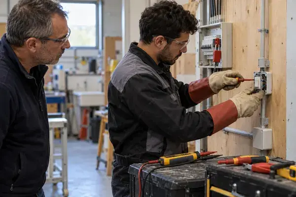 Salarié non-électricien en formation habilitation BS, équipé de gants isolants, devant une armoire électrique