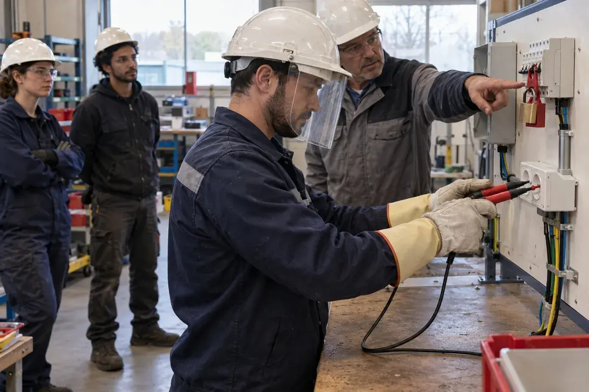 Salarié non-électricien en formation habilitation BS, équipé de gants isolants, devant une armoire électrique