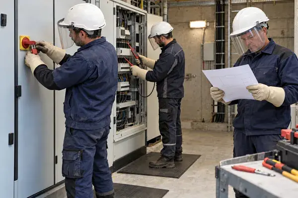 Électricien en formation habilitation B1V, B2V, BR, BC intervenant sur une armoire basse tension