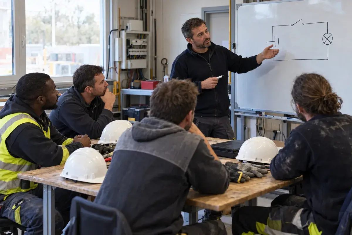 Électricien en formation habilitation B1V, B2V, BR, BC intervenant sur une armoire basse tension